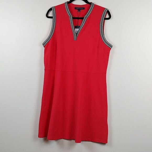 Tommy Hilfiger Striped Trim A-Line Sleeveless Red Knit Dress Size L NWT Preppy - Picture 2 of 12